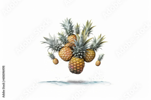 Ananas floating in mid-air  with no visible means of support. The ananas are shown in a variety of shapes and sizes on white background. Generative Ai