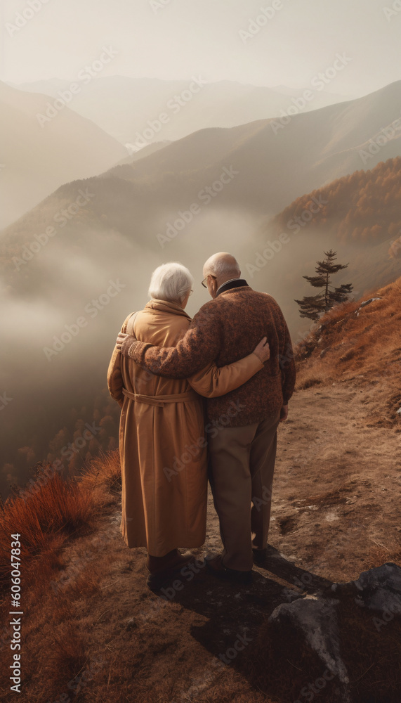 Naklejka premium Elderly senior couple hugging while walking or traveling in the mountains, back view, AI generated