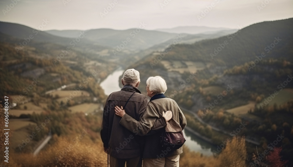 Fototapeta premium Elderly senior couple hugging while walking or traveling in the mountains, back view, AI generated