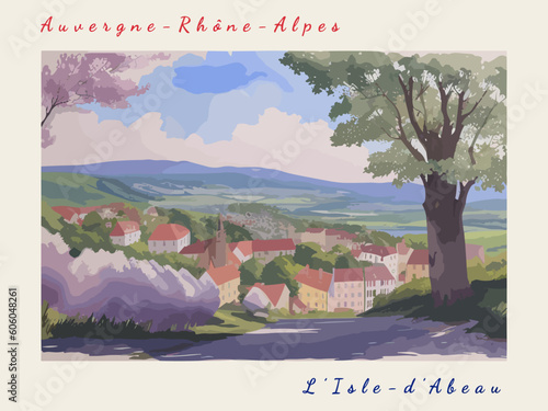 L’Isle-d’Abeau: Postcard design with a scene in France and the city name L’Isle-d’Abeau