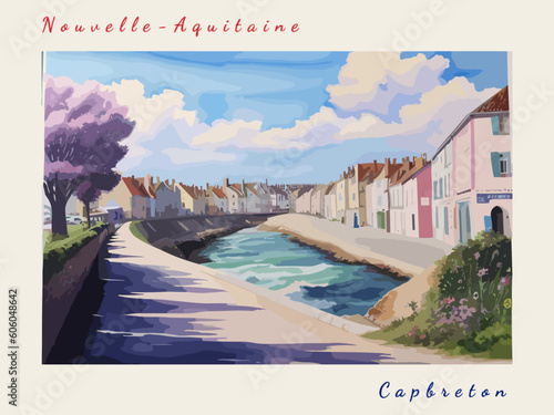 Capbreton: Postcard design with a scene in France and the city name Capbreton