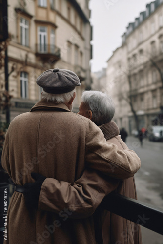 Elderly senior couple hugging and walking or traveling in the city, back view, AI generated