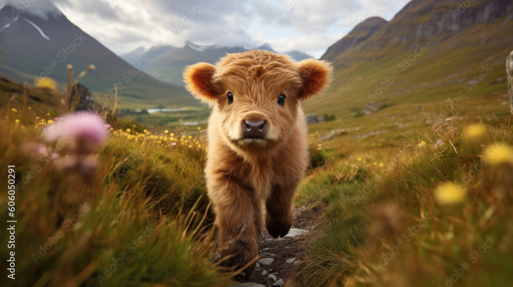 Fototapeta premium Innocence Unveiled: The Captivating Charisma of an Adorable Highland Calf. Generative AI