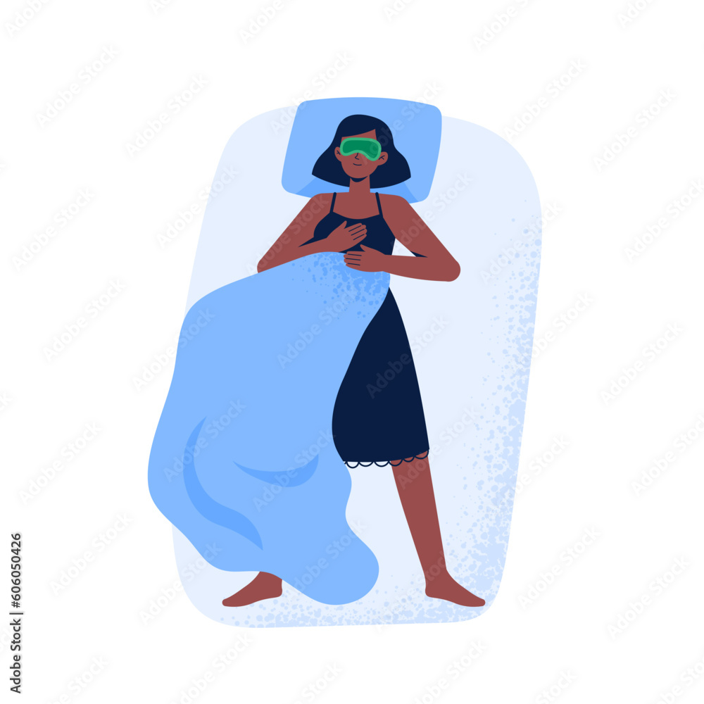 Obraz premium A woman sleeps in a back pose in a face mask. Top view of night sleeping position. Vector illustration in flat style isolated on white background.