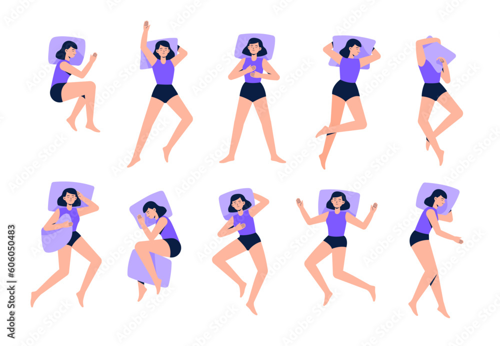 Set of different sleeping poses. Women lie in various poses during dream or relax. Nap or night sleeping positions. Top view. Vector illustrations in flat style. Set of different sleeping poses. Women lie in various poses during dream or relax. Nap or night sleeping positions. Top view. Vector illustrations in flat style.
