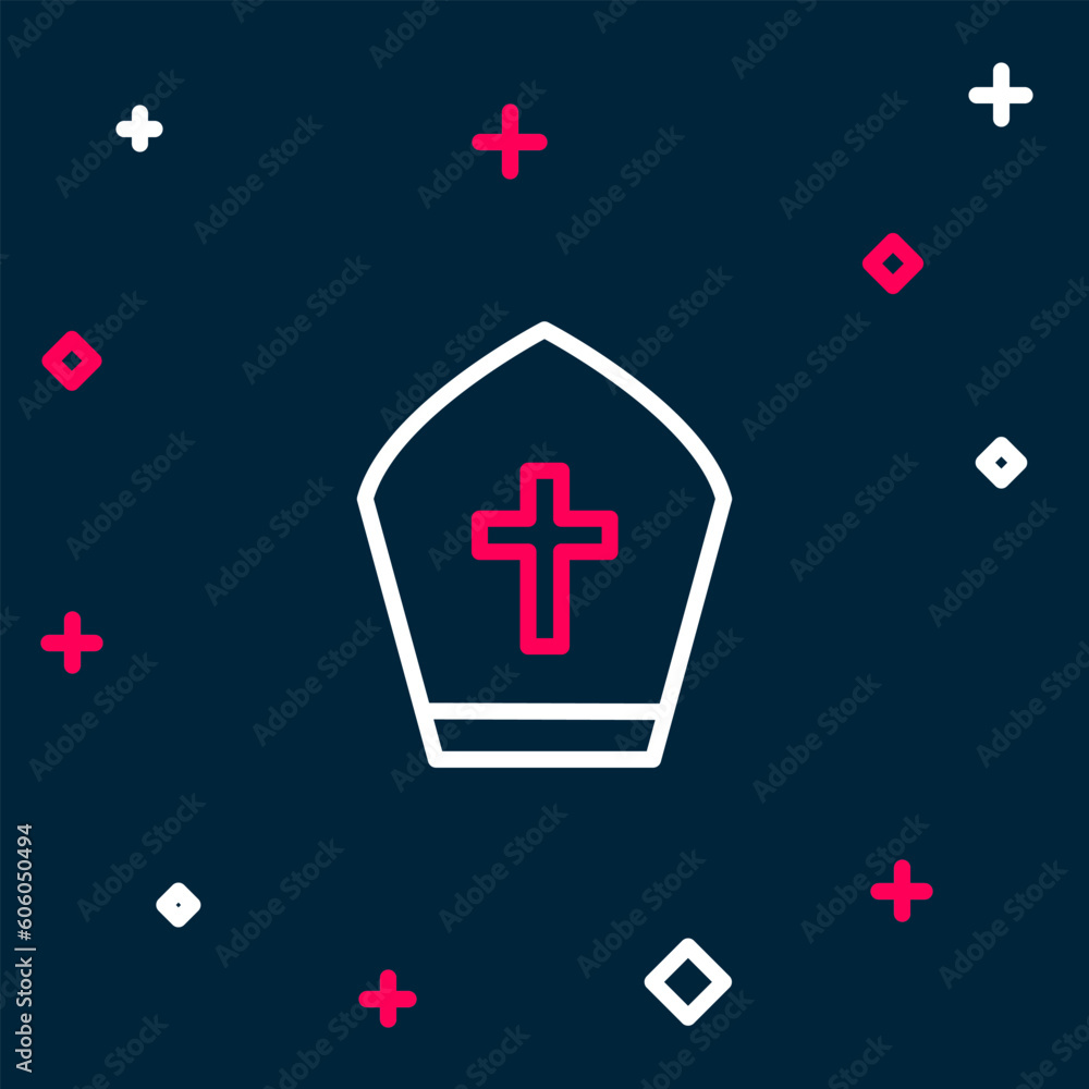 Obraz premium Line Pope hat icon isolated on blue background. Christian hat sign. Colorful outline concept. Vector