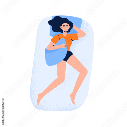 A woman sleeps in a back pose with pillow. Top view of night sleeping position. Vector illustration in flat style isolated on white background. © jenny on the moon