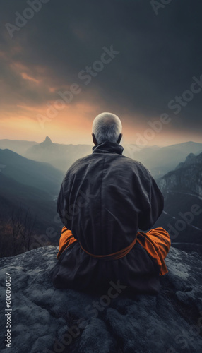 Elderly senior Man yoga meditation sitting on a rock in the mountains in nature, mental health care concept. AI generated. © perfectlab