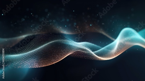 Abstract waving particle technology background. Abstract wave moving dots flow particles, hi-tech and big data background design for brochures, flyers, magazine, business card, banner. © tashechka