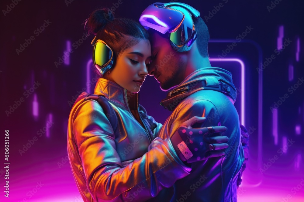 Couple wearing AR/MR/VR Headset, sleek chrome design, bold colors, geometric shapes, glossy, futuristic technology, interactive visual, virtual world. Y2K neon aesthetic. Generated AI.
