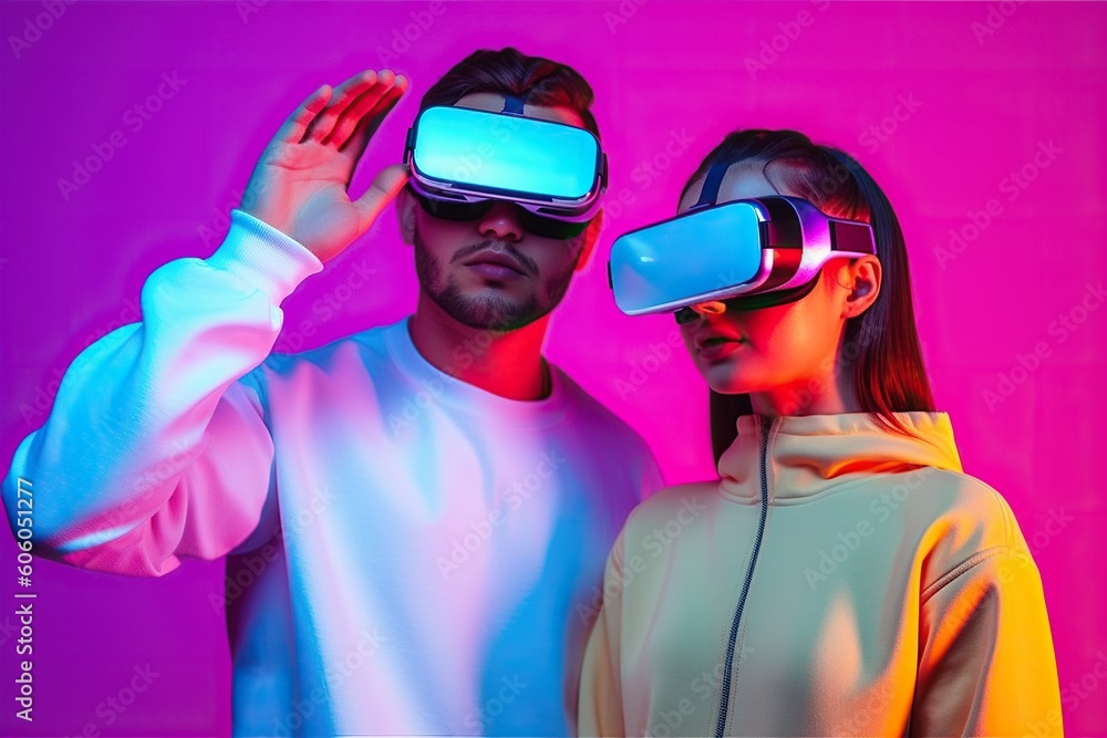 Couple wearing AR/MR/VR Headset, sleek chrome design, bold colors, geometric shapes, glossy, futuristic technology, interactive visual, virtual world. Y2K neon aesthetic. Generated AI. Couple wearing AR/MR/VR Headset, sleek chrome design, bold colors, geometric shapes, glossy, futuristic technology, interactive visual, virtual world. Y2K neon aesthetic. Generated AI.