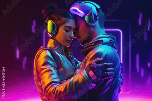 Couple wearing AR/MR/VR Headset, sleek chrome design, bold colors, geometric shapes, glossy, futuristic technology, interactive visual, virtual world. Y2K neon aesthetic. Generated AI.