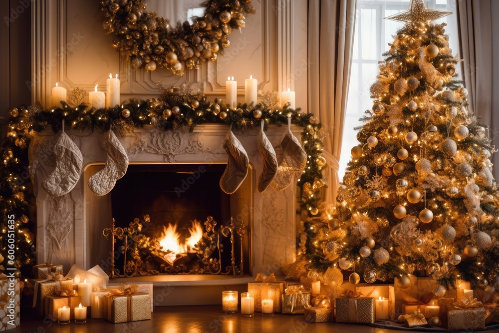 Christmas background with burning candles in front of fireplace and Christmas tree AI generated
