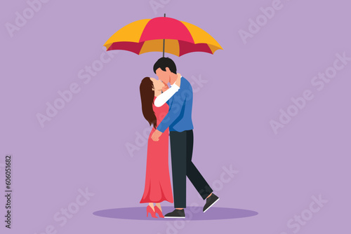 Cartoon flat style drawing of man and woman under umbrella stand in rain and kiss each other. Romantic couple lovers kissing. Happy boy and girl dating in rainy day. Graphic design vector illustration