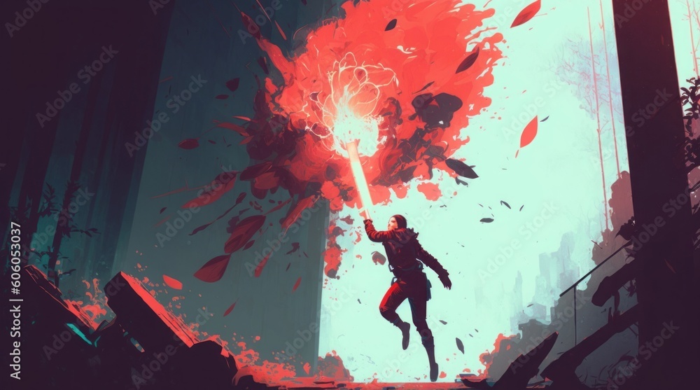 the man holding red smoke flare jumping off the building while exploding, digital art style, illustration painting, Generative AI