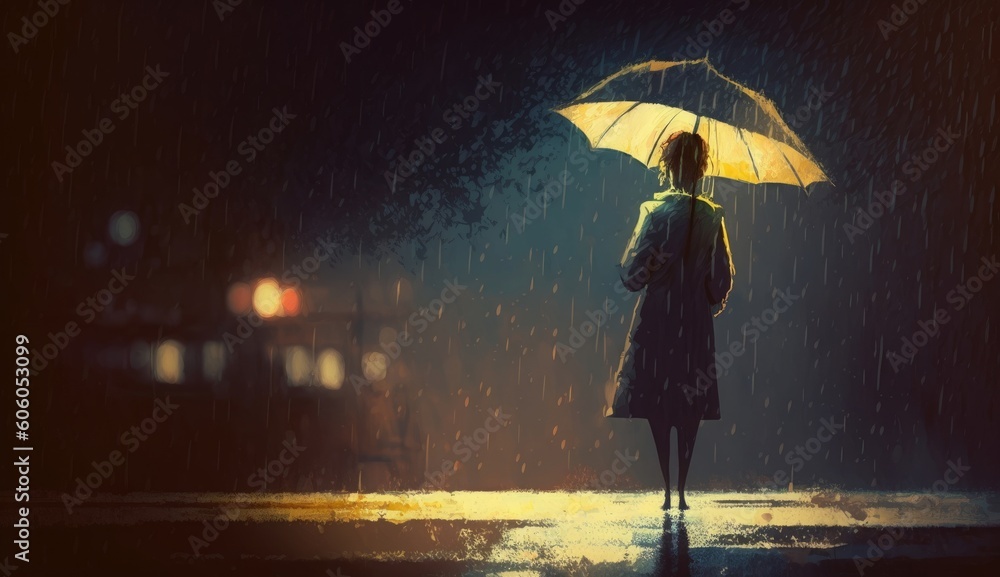 lonely woman under umbrella lights in the dark, digital painting, Generative AI - obrazy, fototapety, plakaty 