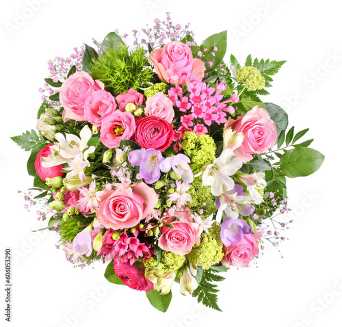 Bouquet of flowers with roses, freesia and ranunculus, transparent background