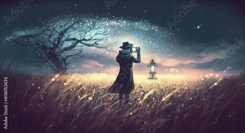 man with magic lantern standing in field, motion graphic painting, cinemagraph-style, Generative AI