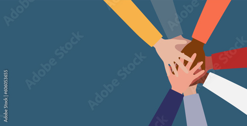 Teamwork community and cooperation. Group of hands on top of each other of diverse multiethnic and multicultural people in different country nations and continents. Concept of equality. Flat vector photo