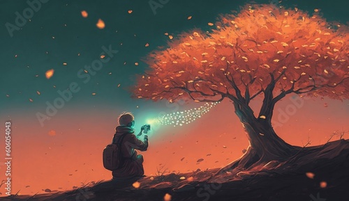 travel man taking a photo at the tree with glowing leaves floating in the sky, digital art style, illustration painting, Generative AI