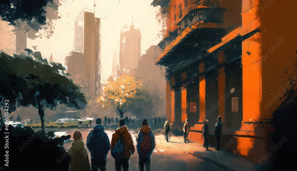urban scene with people. digital painting, Generative AI