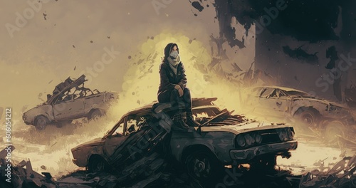 post-apocalyptic scene showing the woman with a mask sitting on pile of wrecked cars, digital art style, illustration painting, Generative AI