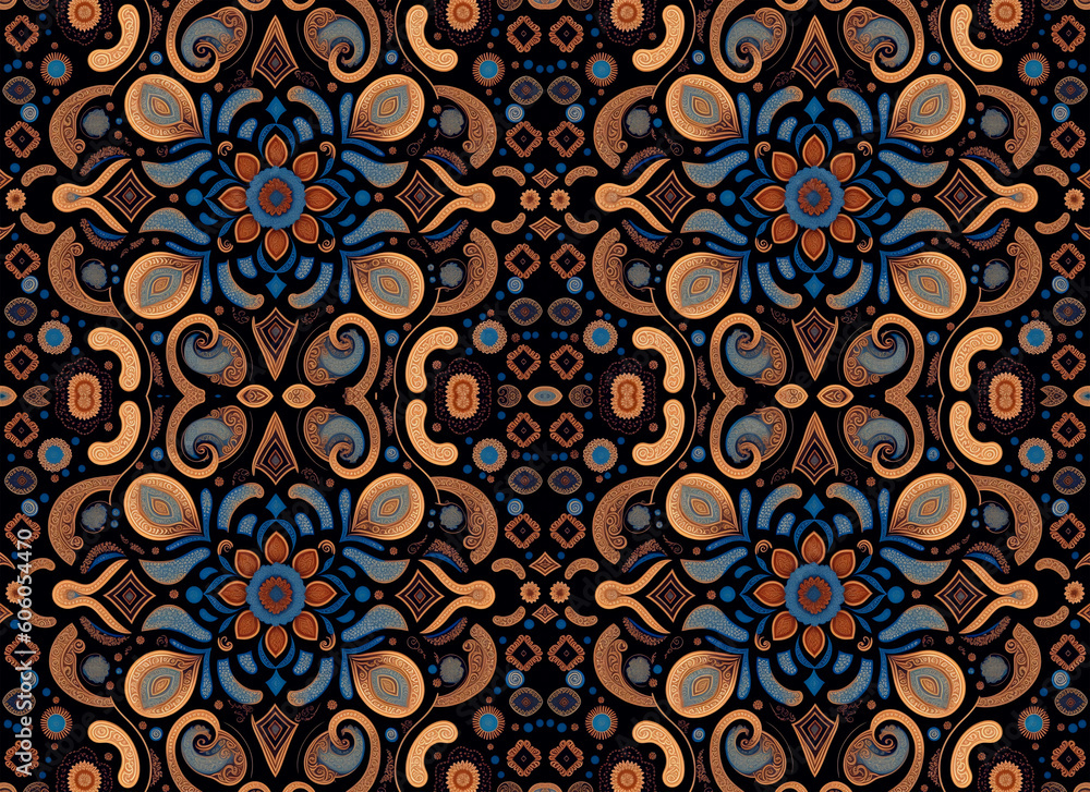 Rapport endless of rosettes flowers with medallions shapes in black background. Ornamental Pattern endless with textures of beautiful flowers in mandalas. Generative AI Rapport endless of rosettes flowers with medallions shapes in black background. Ornamental Pattern endless with textures of beautiful flowers in mandalas. Generative AI