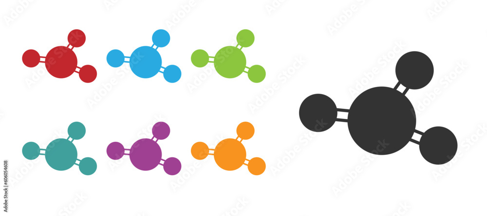 Black Molecule icon isolated on white background. Structure of molecules in chemistry, science teachers innovative educational poster. Set icons colorful. Vector