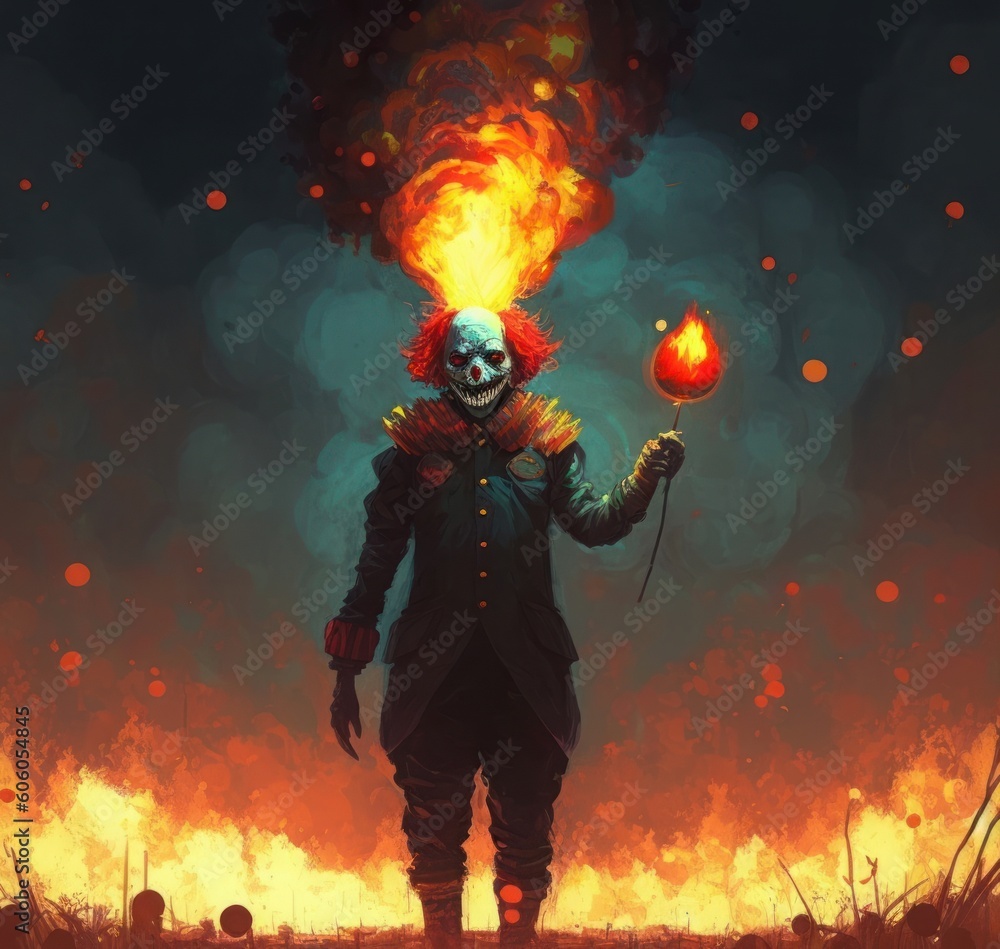 evil clown standing with a balloon on fire background, illustration painting, Generative AI evil clown standing with a balloon on fire background, illustration painting, Generative AI