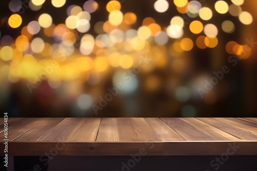 Creative mock concept. Empty wooden table top in front of restaurant neon lights blurred bokeh background. Template for product presentation display. 