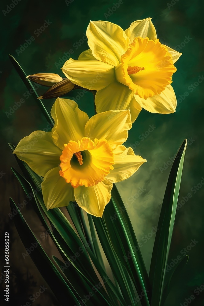 Fototapeta premium yellow daffodils on a green background