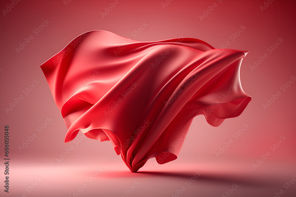 Beautiful red silk cloth floating flying in the air. With copy text space. Mock up template for product presentation.	