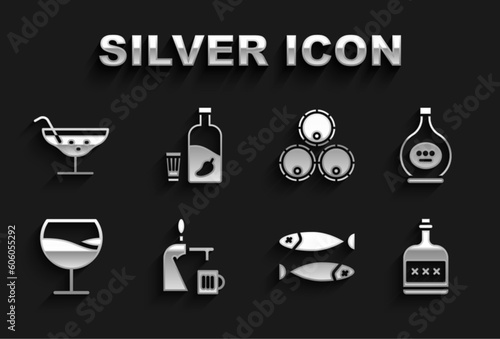 Set Beer tap with glass, Bottle of cognac or brandy, Alcohol drink Rum bottle, Dried fish, Wine, Wooden barrels, Cocktail and Vodka pepper icon. Vector