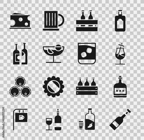 Set Opened bottle of wine, Alcohol drink Rum, Cocktail, Pack beer bottles, Bottles, Cheese and Glass whiskey icon. Vector