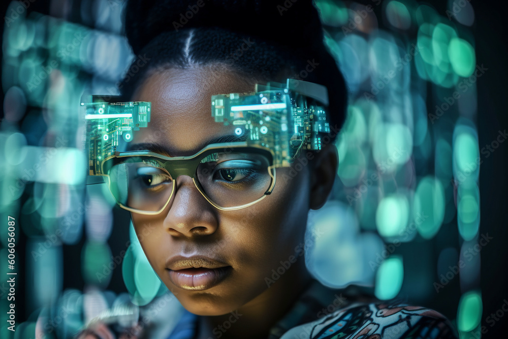 Generative AI illustration of a focused African American woman wearing glasses with futuristic technology, standing and looking away in a blurry room Generative AI illustration of a focused African American woman wearing glasses with futuristic technology, standing and looking away in a blurry room