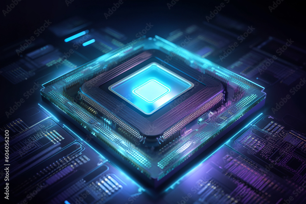 Generative AI illustration of a square reflective CPU that resembles plasma on a black background with blue plates blue dots and blue power lines Generative AI illustration of a square reflective CPU that resembles plasma on a black background with blue plates blue dots and blue power lines