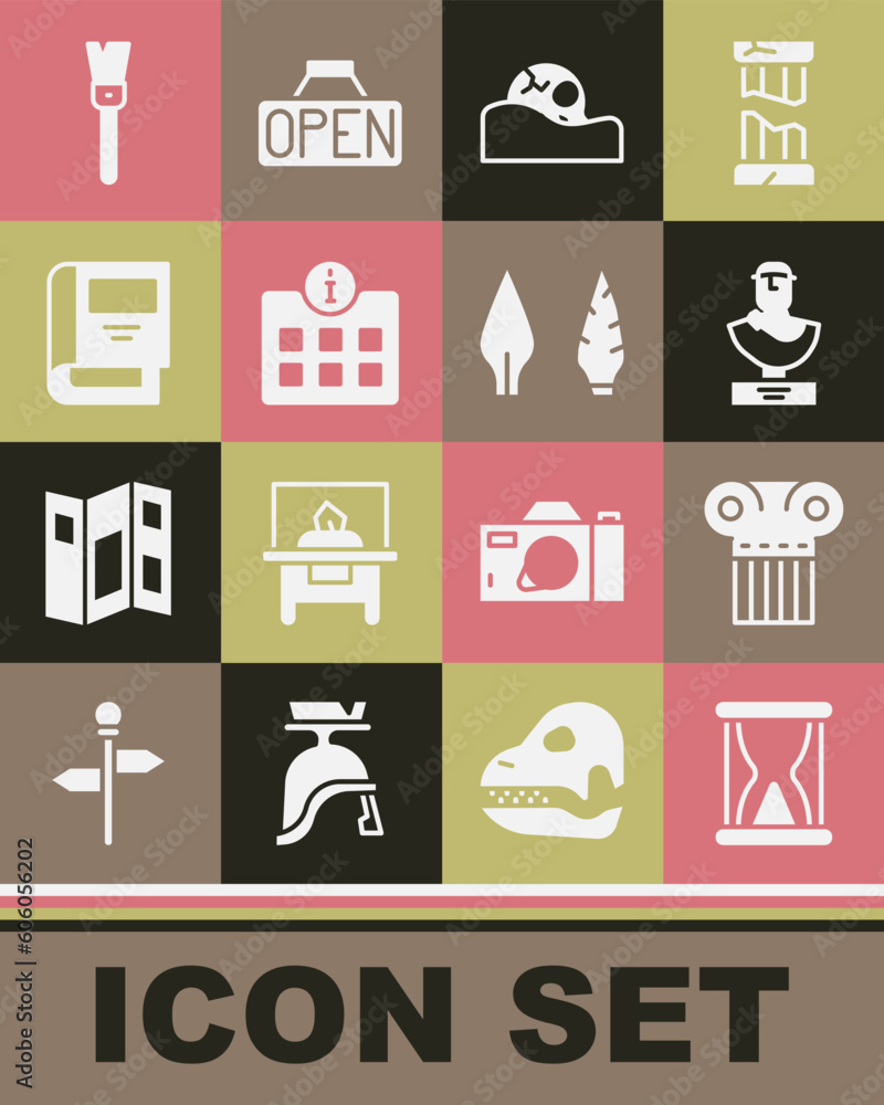 Set Old hourglass with sand, Ancient column, bust sculpture, Human skull, Information, History book, Paint brush and Stone age arrow head icon. Vector Set Old hourglass with sand, Ancient column, bust sculpture, Human skull, Information, History book, Paint brush and Stone age arrow head icon. Vector