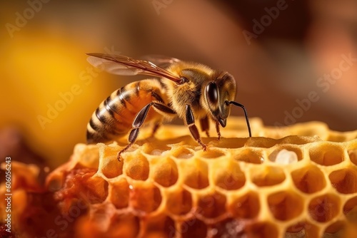 Macro photo of working bees on honeycombs.