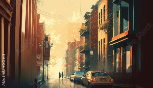 city street, illustration painting with vintage style, Generative AI