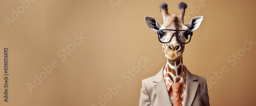A giraffe-headed woman dressed up in office style with copy space. Generative AI.
