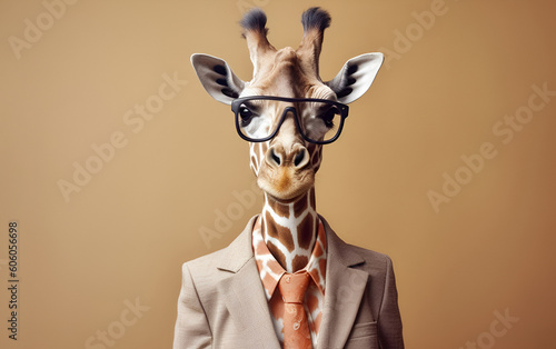 A giraffe-headed woman dressed up in office style. Generative AI.