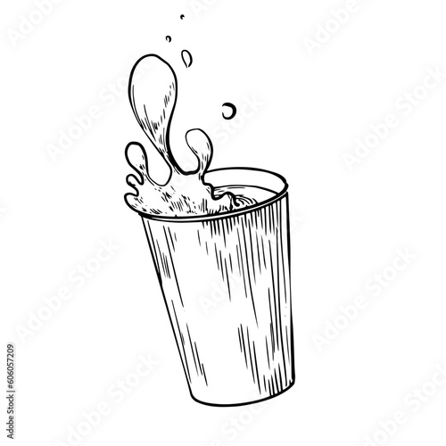 Black and white сup of spilled coffee isolated in white background. Splash drink. Sketch style cup of tea. Beverage drawing with hatching