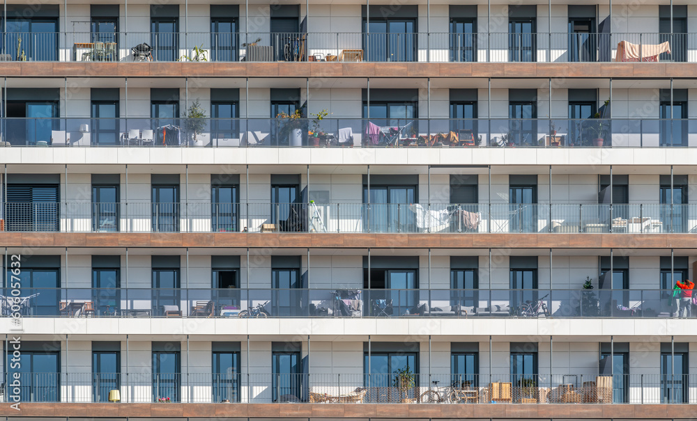 High-rise building front facade with balconies High-rise building front facade with balconies