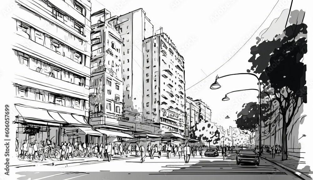 hand drawn sketch of city street,cityscape,drawing, Illustration, Generative AI