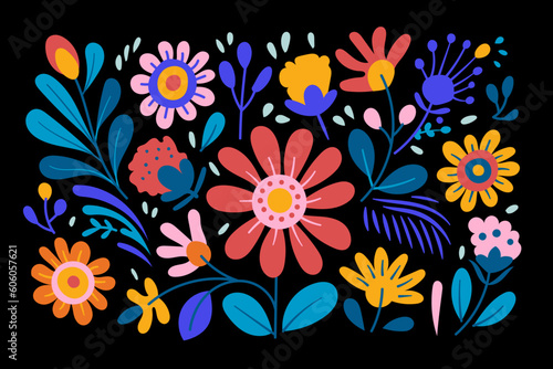 floral illustration with flowers and leaves in an abstract style, in the style of folk art-inspired illustrations, playful yet dark