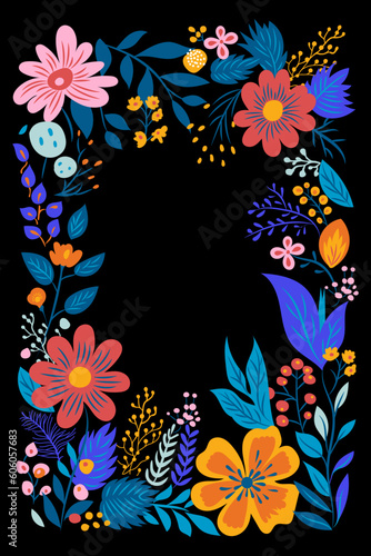 an abstract floral frame on a black background, in the style of simple, colorful illustrations folk inspired motif