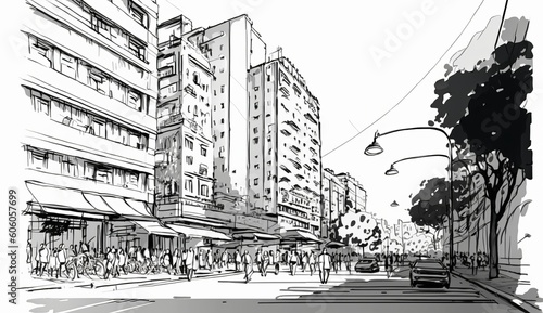 hand drawn sketch of city street,cityscape,drawing, Illustration, Generative AI © MG