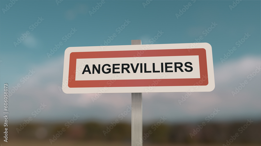 Commune of Angervilliers, sign of the city of Angervilliers. Entrance to the municipality. Commune of Angervilliers, sign of the city of Angervilliers. Entrance to the municipality.
