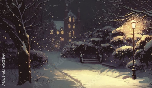 night scenery of snowy winter alley in the park with christmas lights on trees, illustration painting, Generative AI