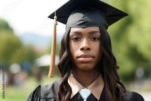 Generative AI illustration of calm young African American female graduate in black graduation cap and cloak looking at camera photo